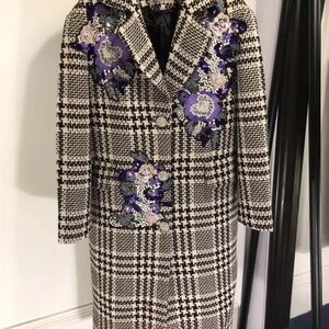 Dolce & Gabbana Black and White Houndstooth Blazer with Purple Floral Embroidery